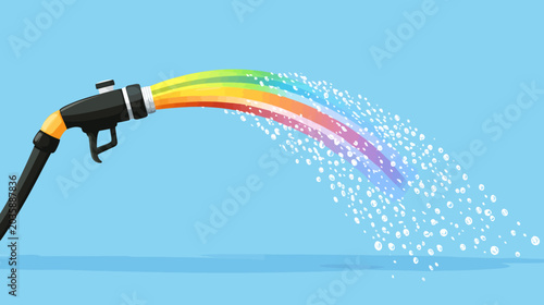 Water hose spraying colorful rainbow liquid with splashes on blue background