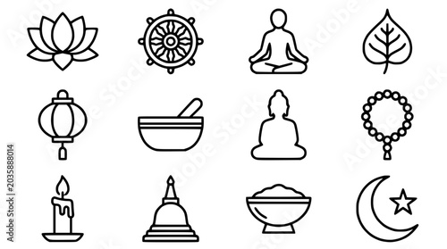 Photos Collection of Buddhist and Islamic Icons: Lotus, Dharma Wheel, Buddha, Bodhi Lea