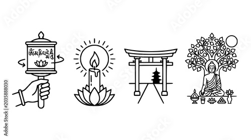 Photos Buddhist Symbols: Prayer Wheel, Candle, Torii Gate, Buddha Under Bodhi Tree