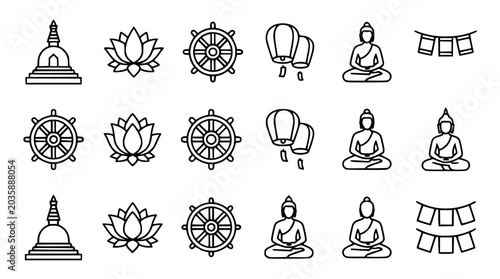 Schilderij op canvas Buddha Dharma Symbols Icons Set - Lotus, Wheel of Dharma, Stupa, Lanterns, Praye