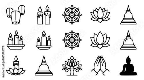 Bild auf Leinwand Buddhism Icons Set: Lotus, Dharma Wheel, Stupa, Candles, Prayer Hands, Buddha