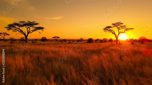 Breathtaking 4k cinematic drone zoom out over the vast African savannah golden grassland sunset with striking silhouettes ideal for luxury travel advertising