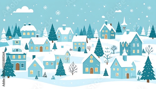 Snowy village with houses and trees.