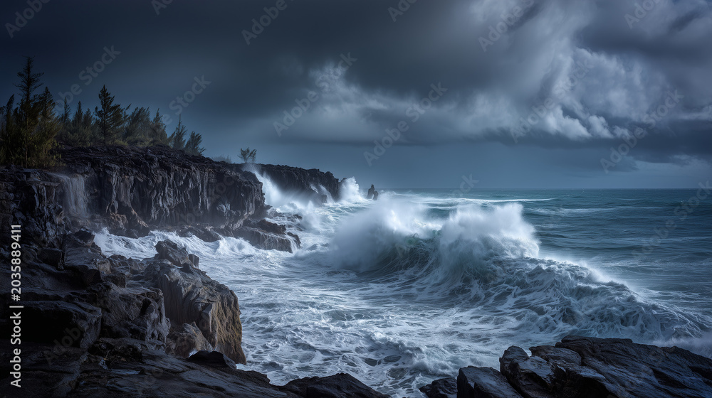 Fototapeta premium realistic volcanic coastline during an intense ocean storm, giant waves crashing against black lava cliffs, dark cinematic clouds, dramatic lighting, ultra detailed water textures.