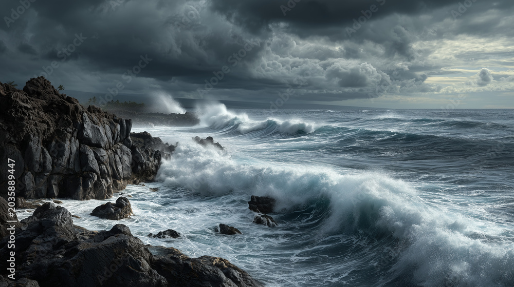 Fototapeta premium realistic volcanic coastline during an intense ocean storm, giant waves crashing against black lava cliffs, dark cinematic clouds, dramatic lighting, ultra detailed water textures.