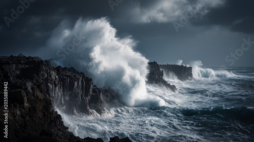 realistic volcanic coastline during an intense ocean storm, giant waves crashing against black lava cliffs, dark cinematic clouds, dramatic lighting, ultra detailed water textures.