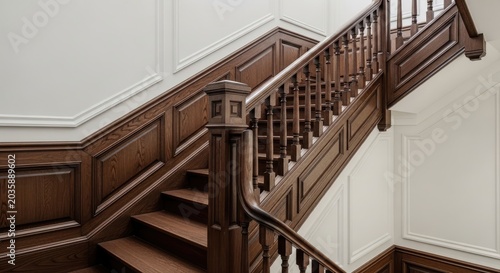 Luxury wooden staircase with traditional wall paneling and white walls
