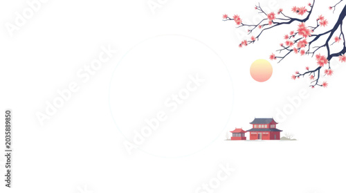 Obraz na płótnie Cherry Blossoms with Full Moon and Traditional Asian Buildings at Night Ideal fo