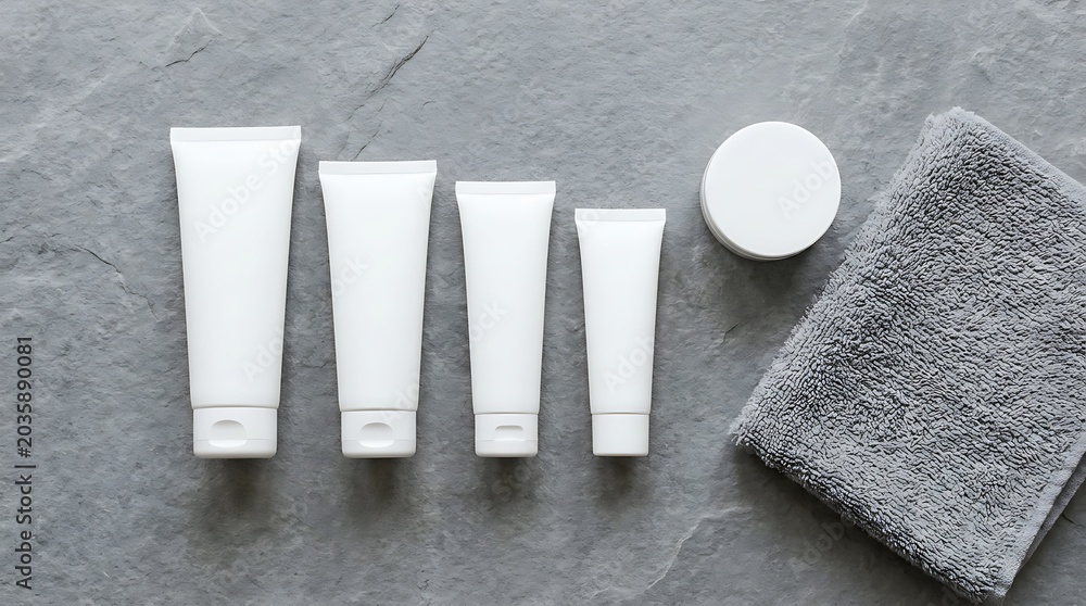 Fototapeta premium Assortment of White Skincare Cosmetic Tubes, Cream Jar, and Grey Towel on Stone Texture Background
