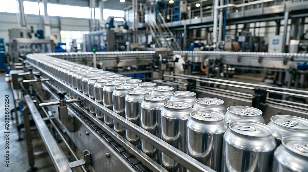 Fototapeta premium Automated Aluminum Canning Line in Modern Beverage Production Factory