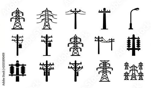 Foto Collection of black power line tower and pole silhouettes