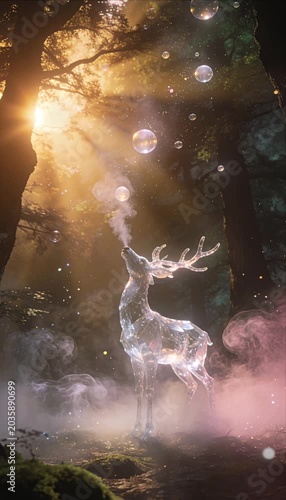 Fantasy deer crystal animal magic forest glowing light mystic smoke floating bubble sunrise beam ethereal mist fairy tale dreamy art crystalline deer fantasy forest magic light glowing mist sun beam