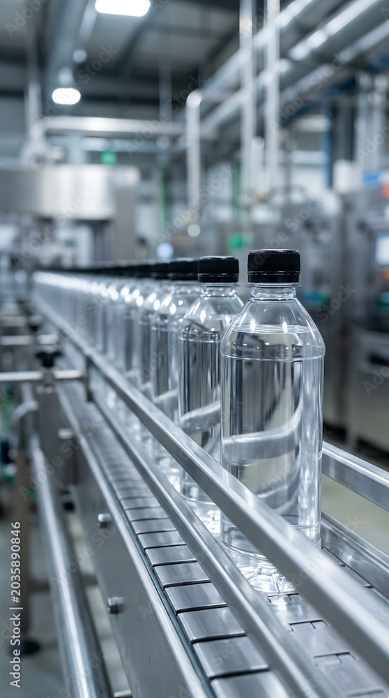 Obraz premium Automated production line with clear plastic water bottles on a conveyor belt in a modern bottling plant