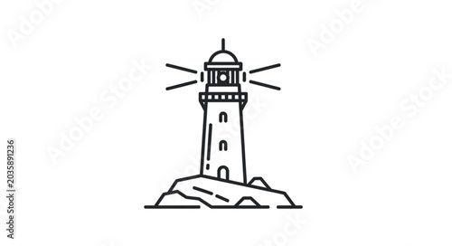 Photos Lighthouse tower on rocky outcrop emitting light beams.