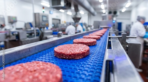 Raw Hamburger Patties on a Blue Conveyor Belt in a Food Processing Plant