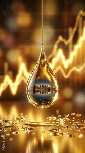 Golden Oil Drop Reflecting City Skyline with Blurry Financial Market Chart Background