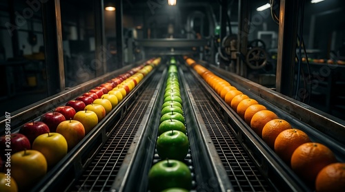Fresh Apples and Oranges Sorted on Automated Conveyor Belts in Industrial Food Processing Plant