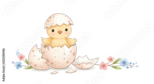 A cute yellow chick emerges from a cracked eggshell surrounded by flowers and leaves in a garden.