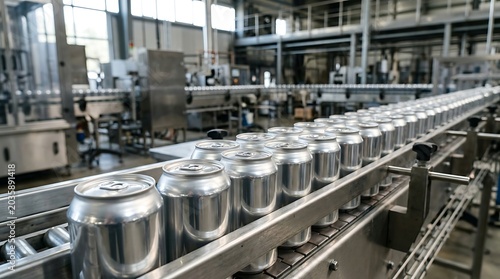 Rows of aluminum cans moving on an automated conveyor belt in a modern industrial beverage factory