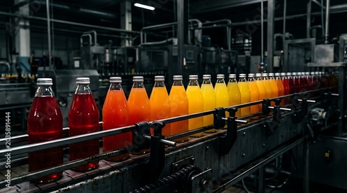 Automated beverage production line with colorful glass bottles on a conveyor belt in a factory setting