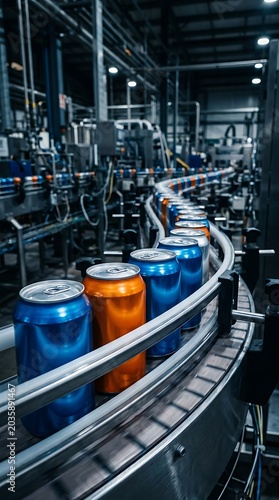 Blue and Orange Beverage Cans Moving on a Curved Conveyor Belt in a Modern Factory Production Line