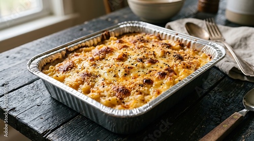 Baked Macaroni and Cheese in Aluminum Foil Pan on Rustic Wooden Table