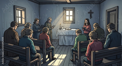 Fotografie Group of people gathered for a religious service in a simple room