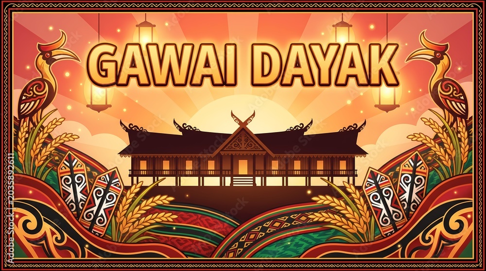 Naklejka premium Gawai dayak celebration illustration with traditional longhouse and hornbill birds