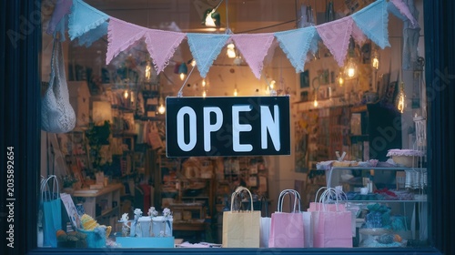 Open Sign in Shop Window with Bunting and Shopping Bags