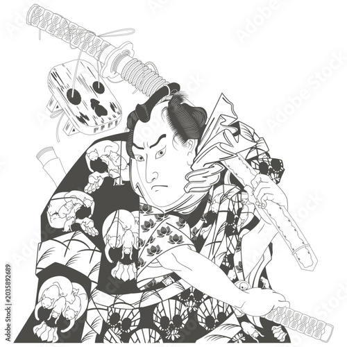 浮世絵　侍のイメージイラスト4　線画
