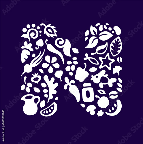 Creative vector design of letter N composed of healthy food icons: vegetables, fruits, and plants. Perfect for organic brands and eco friendly packaging.