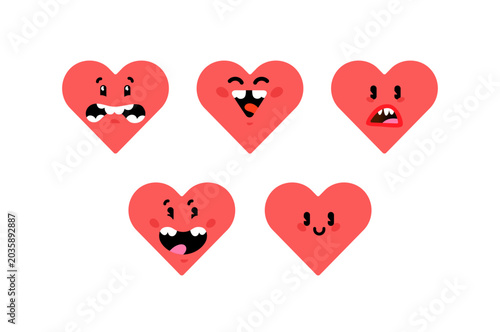 A collection of funny vector mascots in the form of hearts with different facial expressions. Icons, emoji in a kawaii style for romantic design, stickers and social networks.