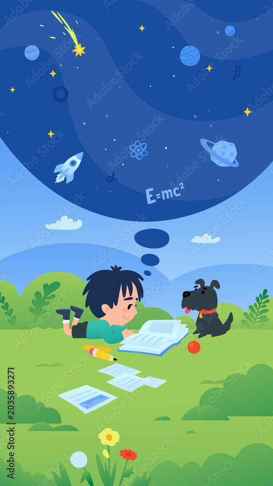 Naklejka premium Little boy lying on the grass reading a book and dreaming about space and science. Vector illustration of a child with a dog, imagination bubble with a rocket, planets, and physics formulas.