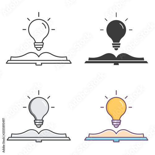 A lightbulb above a book icon set. Idea symbol. Vector isolated illustration