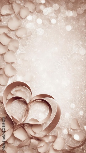Romantic Heart Made of Ribbon with Rose Petals, Sparkles