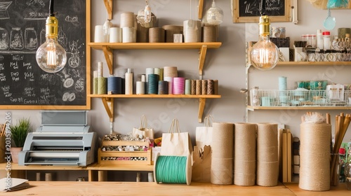 Rustic Craft Workshop with Shelves, Lighting, and Supplies