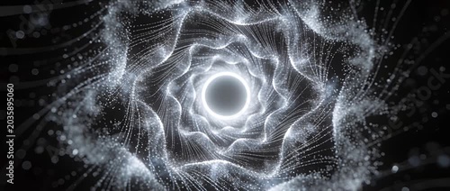 Abstract spiral tunnel particle swirl vortex digital wave white light glow cosmic energy futuristic motion dynamic flow modern art hypnotic background space galaxy depth