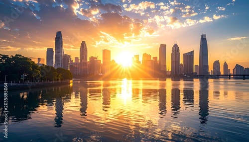 A serene cityscape at sunset with skyscrapers reflected in calm waters (26)