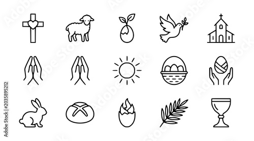 Foto Easter and Christian Symbols Icons Set: Cross, Lamb, Dove, Bunny, Egg, Church, P