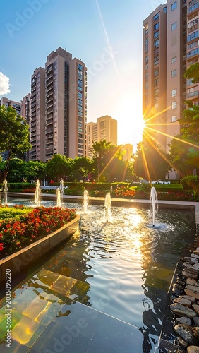 A serene cityscape with a large fountain and high-rise buildings