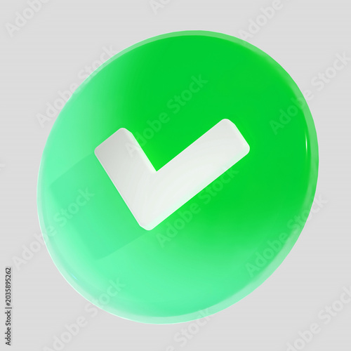 3D illustration. A bright glossy green circle with a white check mark is a symbol of success, confirmation, approval, yes. Interface icon for web, applications, and presentations.