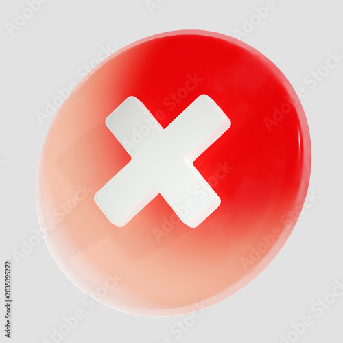 3D illustration. A bright glossy red circle with a white cross is a symbol of error, rejection, cancellation, deletion. Interface icon for web, applications, and presentations.  