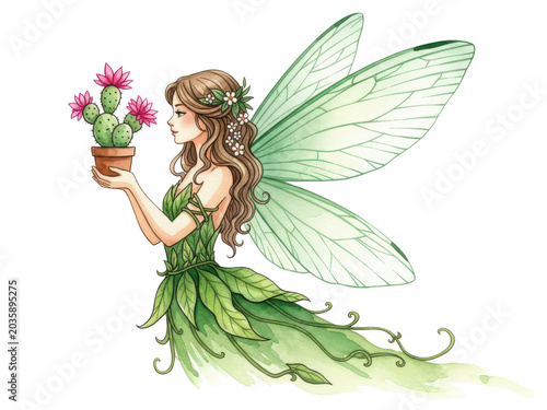 Fairy holding cactus with pink flowers in green nature fantasy illustration