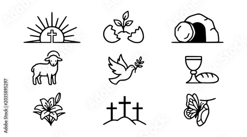 Cuadro en lienzo Christianity Symbols Icons Set: Cross, Easter Egg, Tomb, Lamb, Dove, Chalice, Li