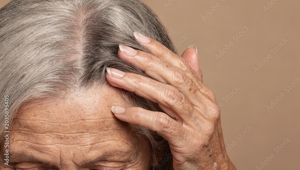 Fototapeta premium Elderly person touching their head with a weary expression in a neutral setting during daytime