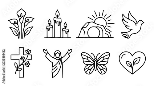 Schilderij op canvas Easter Symbols Line Art Icons: Cross, Jesus, Empty Tomb, Lily, Candles, Dove, Bu