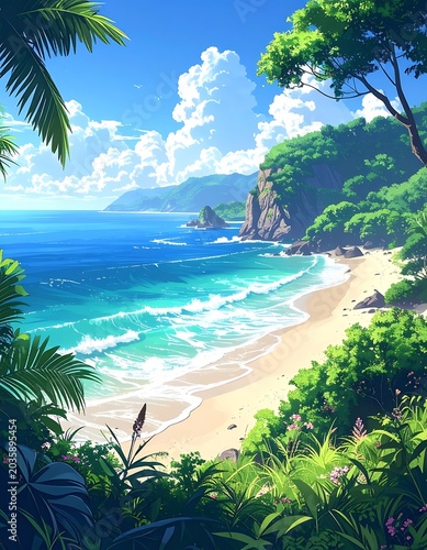 Tropical beach with lush greenery and ocean.