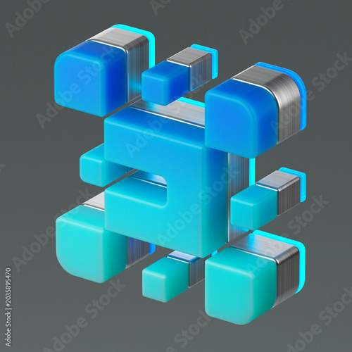 3D QR code icon composed of blue and cyan geometric shapes with metallic edges. This high-tech symbol represents digital data and scan technology, perfect for web designs, mobile applications