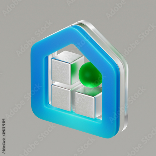 3D house icon with a blue gradient frame, containing silver cubes and a green sphere. This symbol represents a smart home, property, real estate, architecture, web designs, mobile applications