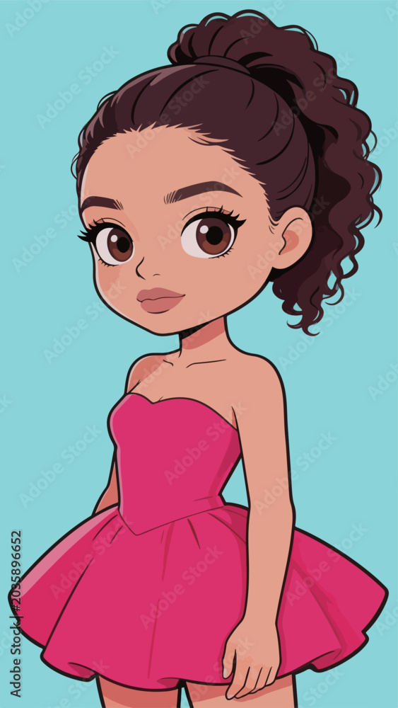 Fototapeta premium Cute chibi female character in pink strapless dress